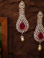 Pair of ruby & diamond long earrings