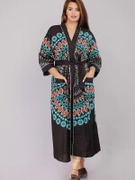 Floral Pattern Kimono Robe Long Bathrobe For Women (Black)-KM-3