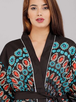 Floral Pattern Kimono Robe Long Bathrobe For Women (Black)-KM-3
