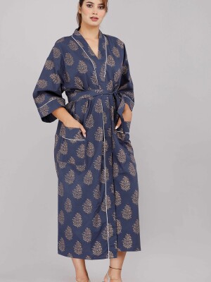 Floral Pattern Kimono Robe Long Bathrobe For Women (Blue)-KM-54
