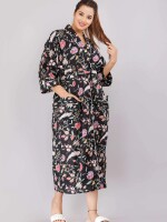 Floral Pattern Kimono Robe Long Bathrobe For Women (Black)-KM-65