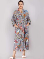 Animal Pattern Kimono Robe Long Bathrobe For Women (Grey)-KM-66