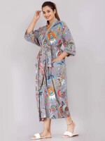 Animal Pattern Kimono Robe Long Bathrobe For Women (Grey)-KM-66
