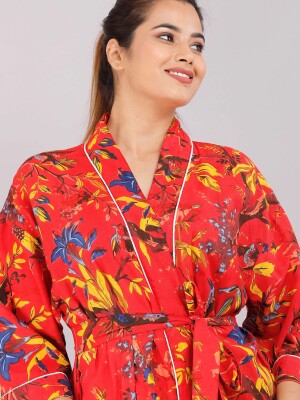 Floral Pattern Kimono Robe Long Bathrobe For Women (Red)-KM-67