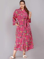 Floral Pattern Kimono Robe Long Bathrobe For Women (Pink)-KM-68