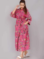Floral Pattern Kimono Robe Long Bathrobe For Women (Pink)-KM-68