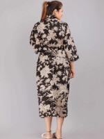 Floral Pattern Kimono Robe Long Bathrobe For Women (Black)-KM-70