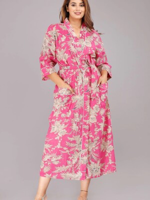 Floral Pattern Kimono Robe Long Bathrobe For Women (Pink)-KM-40