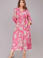 Floral Pattern Kimono Robe Long Bathrobe For Women (Pink)-KM-40