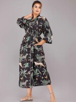 Jungle Pattern Kimono Robe Long Bathrobe For Women (Black)-KM-52