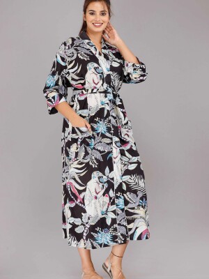Jungle Pattern Kimono Robe Long Bathrobe For Women (Black)-KM-33