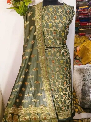 Regal Banarasi Semi Katan Mehndi Green Suit - Three Piece Ensemble