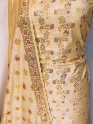 Cream Regal Banarasi Semi Katan Suit - Three Piece Ensemble