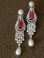 Long Red American diamond chandelier earrings