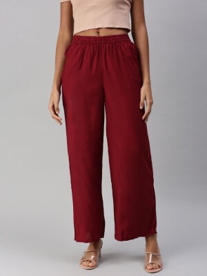 Bold maroon cotton polyester blend palazzo trouser