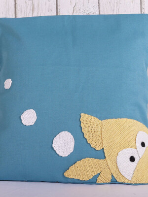 Quirky Fish Blue Crochet Cushion Cover - 16 x 16 inches