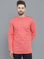 Crimson colour poly-cot black block printed men short kurta