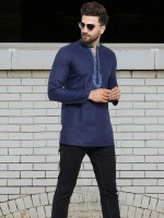 Blue poly-cot embroidery men short kurta