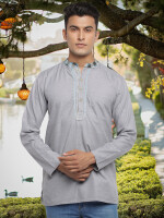 Ash grey color poly-cot hand embroidery checker collar men short kurta