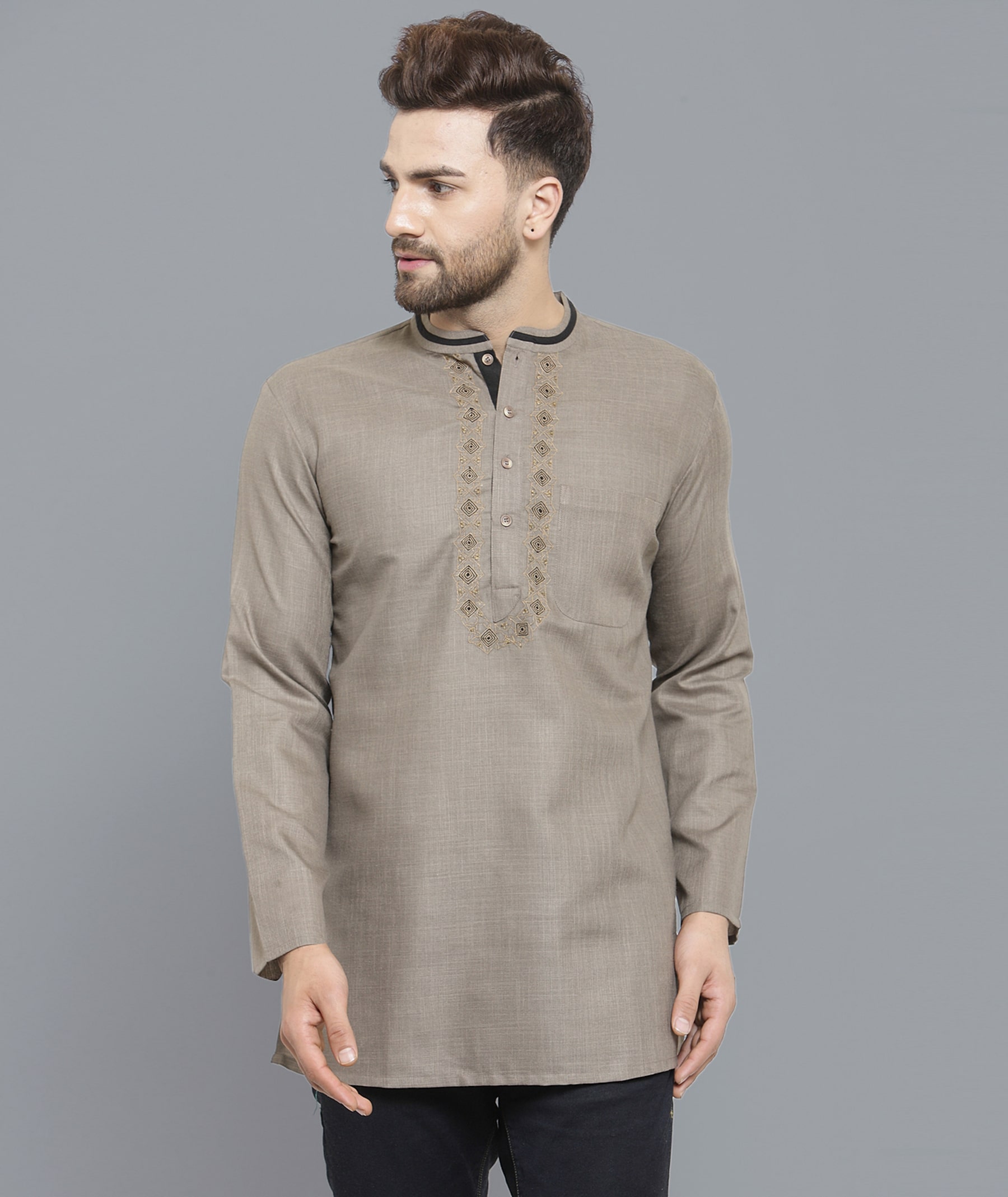 Rust color poly-cot with embroidery gents short kurta