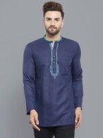 Blue poly-cot embroidery men short kurta