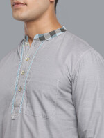 Ash grey color poly-cot hand embroidery checker collar men short kurta