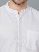 White poly-cot embroidery on button placket men short kurta