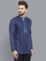 Blue poly-cot embroidery men short kurta