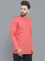 Crimson colour poly-cot black block printed men short kurta