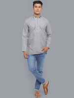 Ash grey color poly-cot hand embroidery checker collar men short kurta