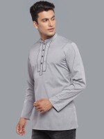 Steel grey poly-cotton textured with black piping pattern men short kurta