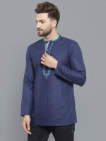 Blue poly-cot embroidery men short kurta