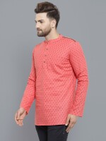 Crimson colour poly-cot black block printed men short kurta