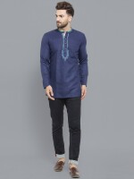 Blue poly-cot embroidery men short kurta