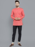 Crimson colour poly-cot black block printed men short kurta