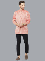 Crimson banarsi Jacquard weave men short kurta, Color: Crimson ,Fabric: blended , Neck: Round and Sleeve Type: Full