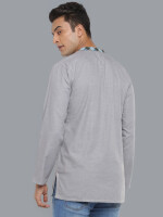 Ash grey color poly-cot hand embroidery checker collar men short kurta