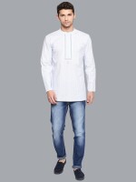 White cotton kurta with blue stripes and hand embroidery men short kurta