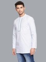 White cotton kurta with blue stripes and hand embroidery men short kurta