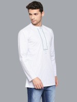 White cotton kurta with blue stripes and hand embroidery men short kurta