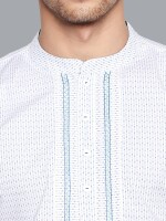 White cotton kurta with blue stripes and hand embroidery men short kurta