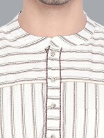 White cotton with brown stripes & yoke pttern men short kurta