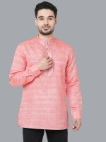 Rose pink poly-cot khadi banarsi patch loops buttons men short kurta