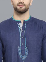 Blue poly-cot embroidery men short kurta