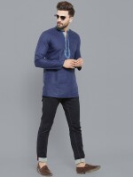 Blue poly-cot embroidery men short kurta