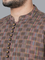 Rust color handloom multicolor threads checkers, loops buttons men short kurta