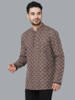 Rust color handloom multicolor threads checkers, loops buttons men short kurta