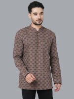 Rust color handloom multicolor threads checkers, loops buttons men short kurta