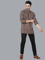 Rust color handloom multicolor threads checkers, loops buttons men short kurta