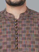 Rust color handloom multicolor threads checkers, loops buttons men short kurta